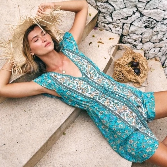 Bohemian Floral Print Teal Button Up Dress - Picture 2 of 5